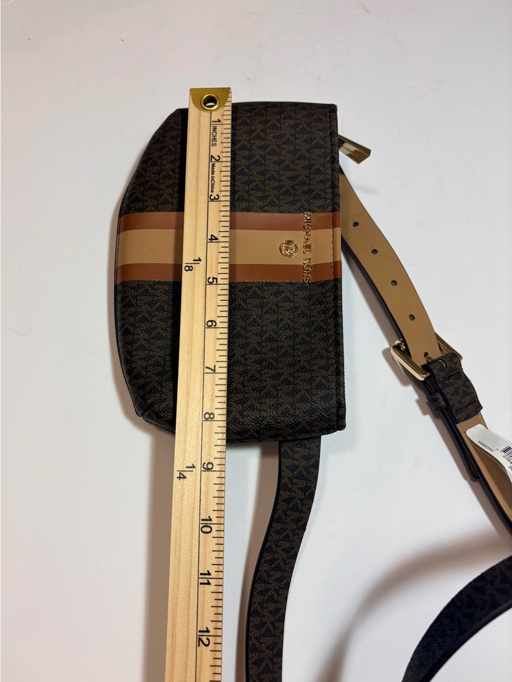 Michael Kors Brown Logo Crossbody with Tan and Camel Stripe Detail
